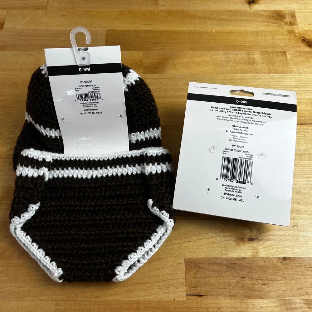 Crochet Newborn Photography Baby Outfit‎ Football Hat Diaper Cover Booties NEW